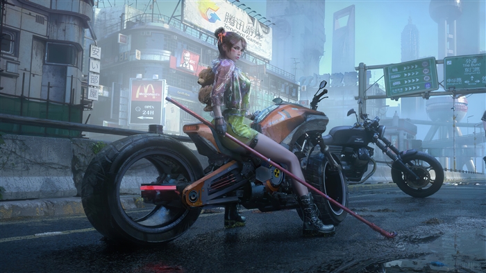 Cyberpunk Girl on Bright Orange Motorcycle 4K