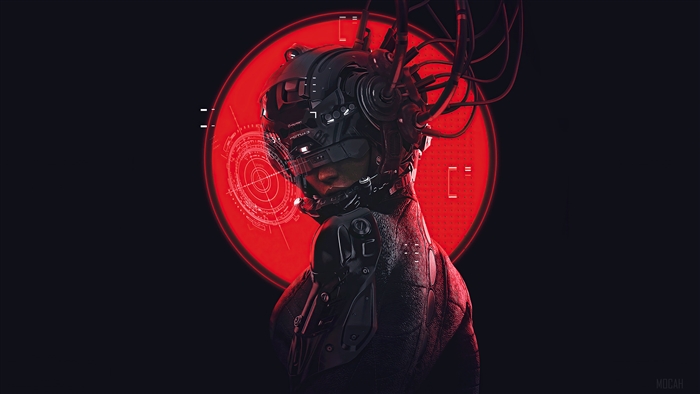 Cyberpunk Female Cyborg with Red Digital Halo 4K