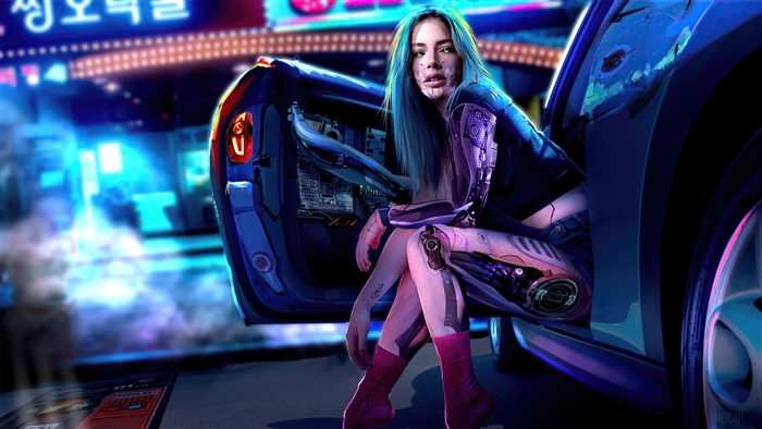 Cyberpunk Girl with Robotic Limbs Near Car 4K