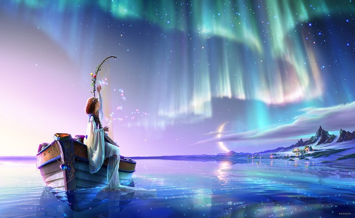 Girl in a boat playing a harp under the aurora borealis