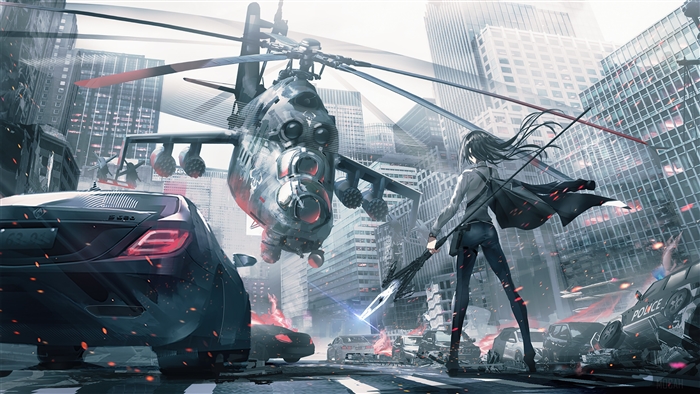 Warrior Girl Facing Helicopter Attack in City Battle 4K
