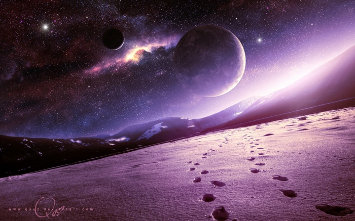 Footprints in the snow under a starry sky with planets