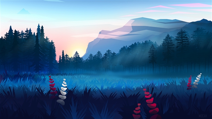 Serene Sunrise Over Misty Forest and Mountains