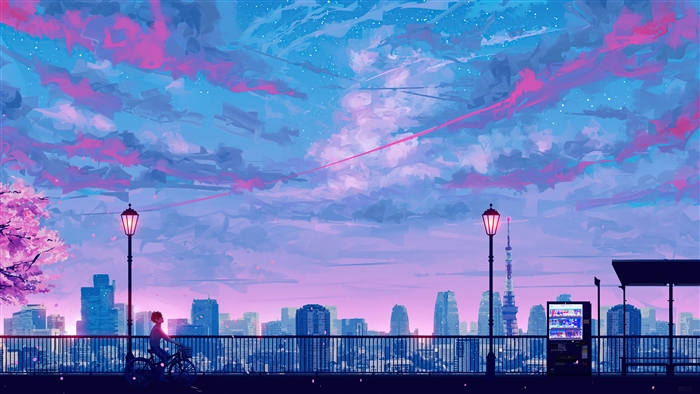 Anime Boy Riding Bicycle at Twilight Cityscape 4K