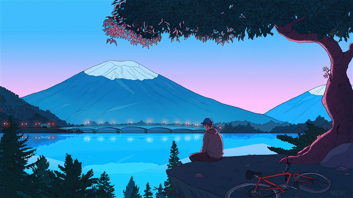 Solitary Night by the Mountain Lake with Bike