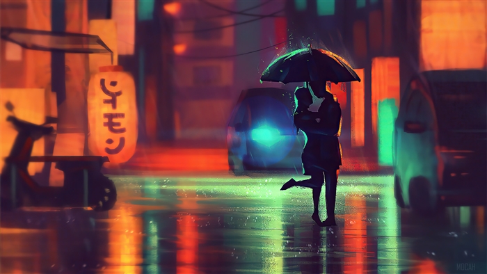Romantic Couple Silhouette in Rainy Night 4K