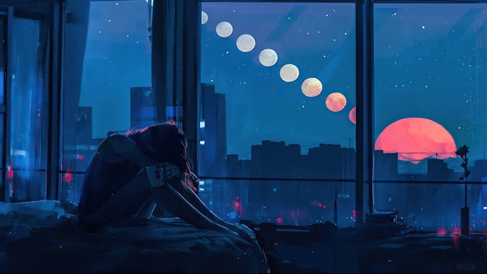Girl by the window at night with moon phases