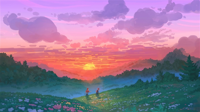 Couple Watching Vibrant Sunset Over Flower Field 4K