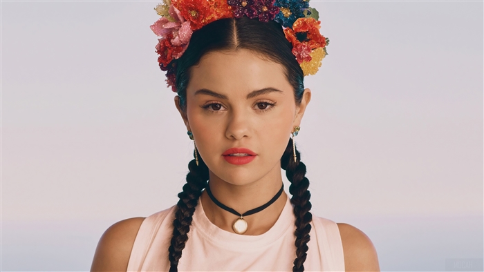 Selena Gomez Photoshoot Portrait with Floral Headpiece 4K
