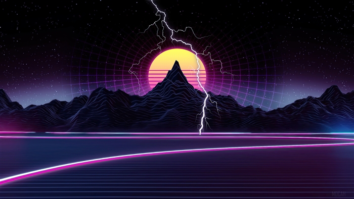 Digital Art Sunset Lightning Dark Minimalist Minimalism Simple Synthwave Retrowave 3099