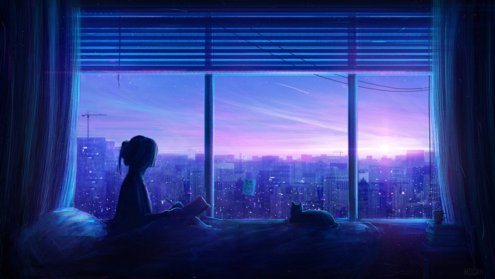 Girl and Cat Looking at Cityscape at Dusk