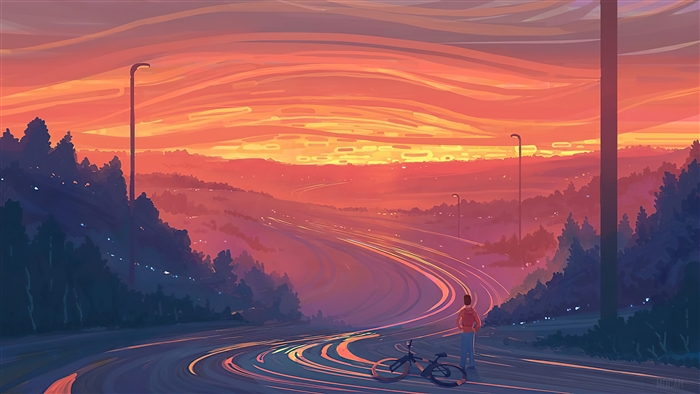 Sunset Road with Bicycle and Lone Figure