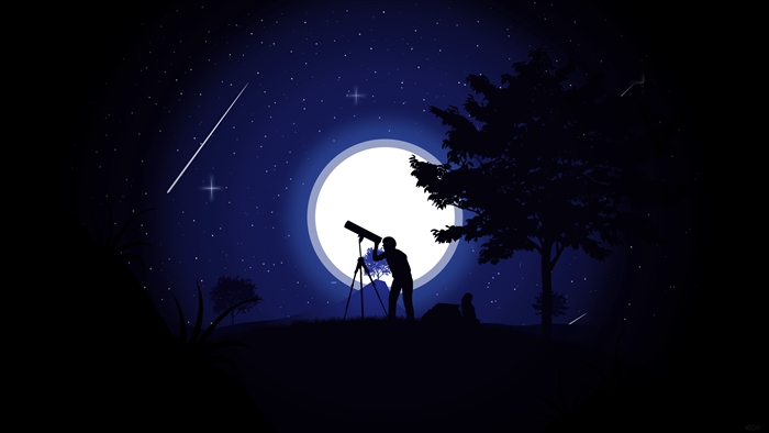 Silhouette of a person with a telescope under the moon and stars