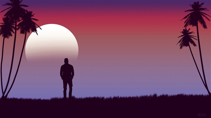 Silhouette of a man against a large moon and sunset