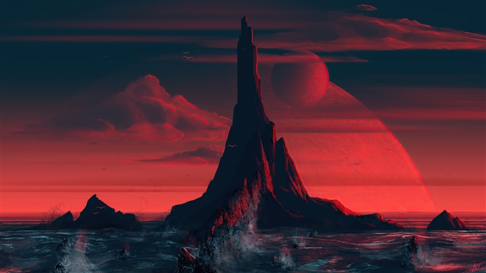 Dark Island Scenery with Red Sky and Planet