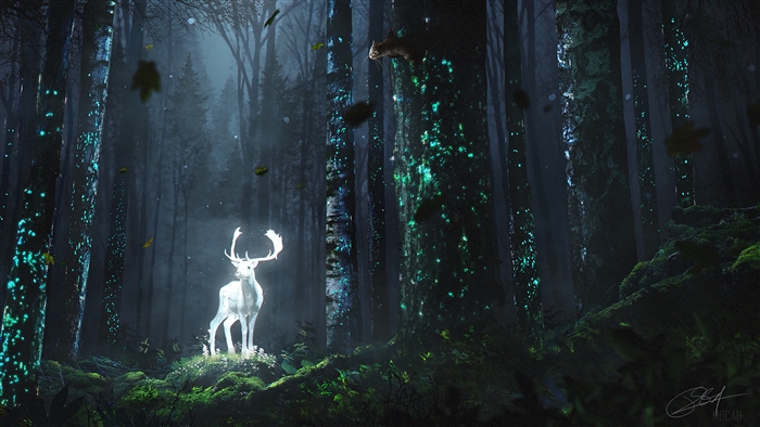 Fantasy Forest with Glowing Trees and White Deer