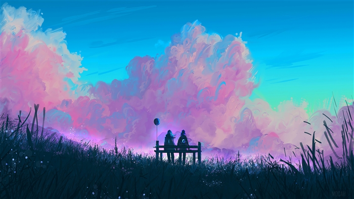 Couple sitting on a bench with a balloon, watching clouds
