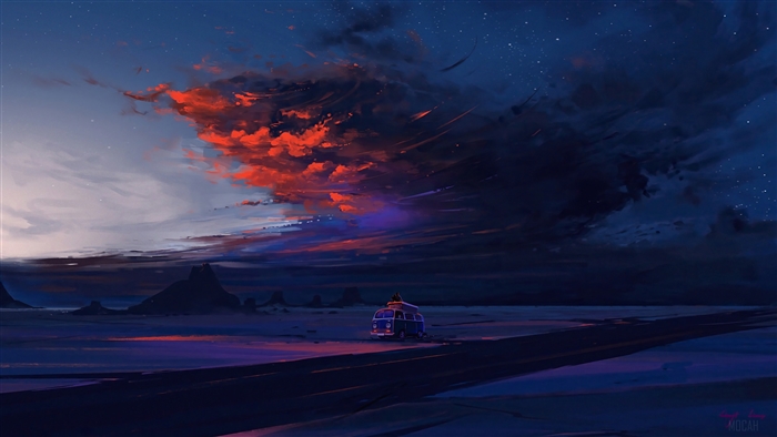 Digital Art of a Van Under a Dramatic Sky 4K
