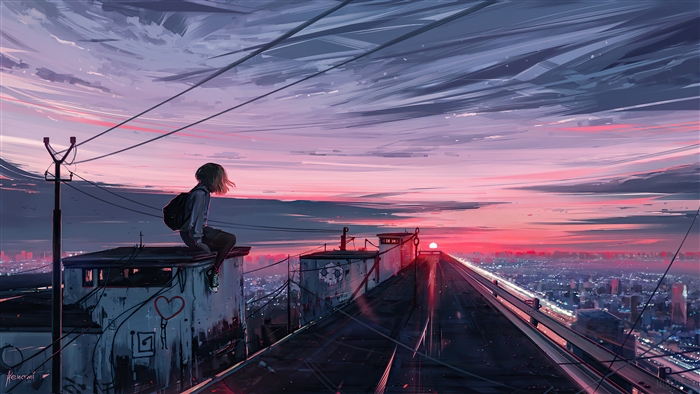 Girl on rooftop overlooking city at sunset 4K