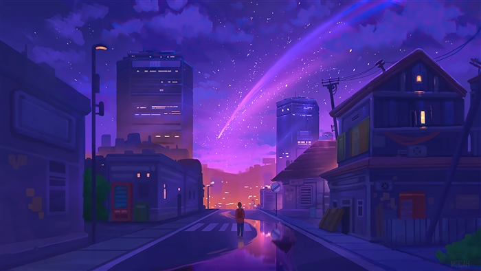 Starry Night Cityscape with Comet and Reflections