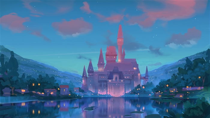 Castle by a lake at dusk, digital art