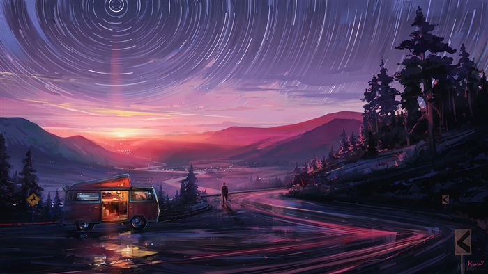Sunset Camping Road with Star Trails 4K