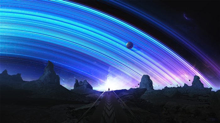Man standing on road with planet and rings in space