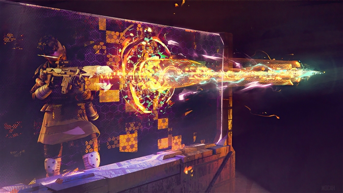 Character from Apex Legends firing weapon at energy barrier