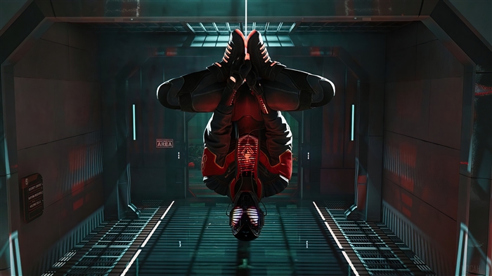 Spider-Man from Marvel's Spider-Man: Miles Morales hanging upside down