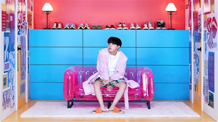 J Hope from BTS Sitting on Pink Inflatable Sofa 4K