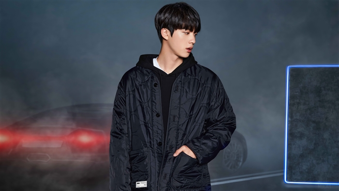 Jin from BTS Photoshoot in Dark Hooded Jacket 4k