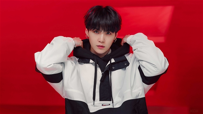 Suga from BTS Photoshoot in Red Background 4K