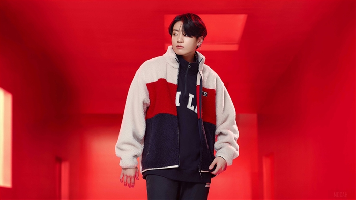 Jungkook from BTS in Red and Navy Fila Jacket 4K