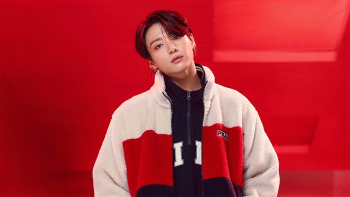 Jungkook Photoshoot in Red and White Fila Jacket 4K