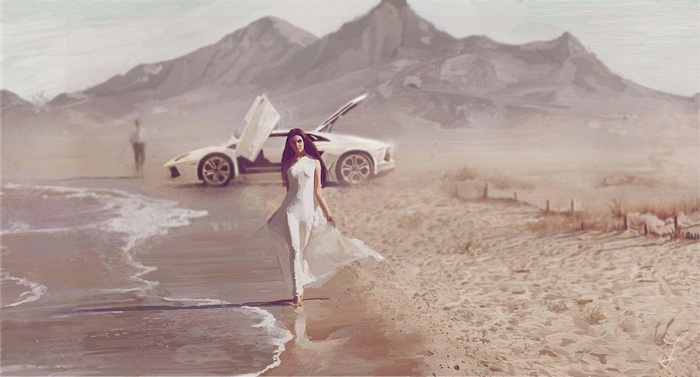 Woman in white dress on a beach with a white Lamborghini