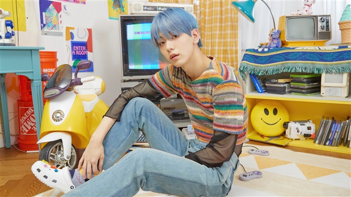Soobin from TXT with Blue Hair in Casual Outfit