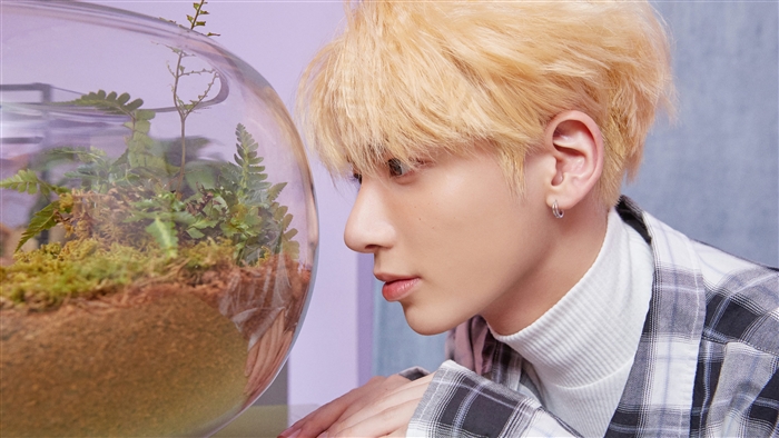 Taehyun from TXT looking at a terrarium