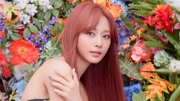 Tzuyu from TWICE with Vibrant Floral Background 4K