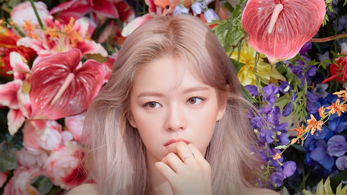 Jeongyeon from TWICE with Vibrant Floral Background 4K