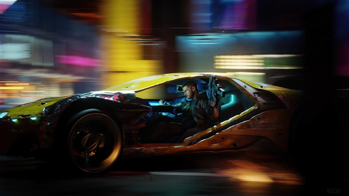 V from Cyberpunk 2077 driving a hypercar