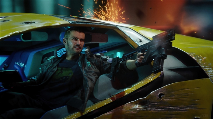 V from Cyberpunk 2077 in a car