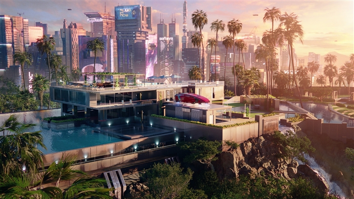 Cyberpunk 2077 futuristic mansion with city skyline 4K