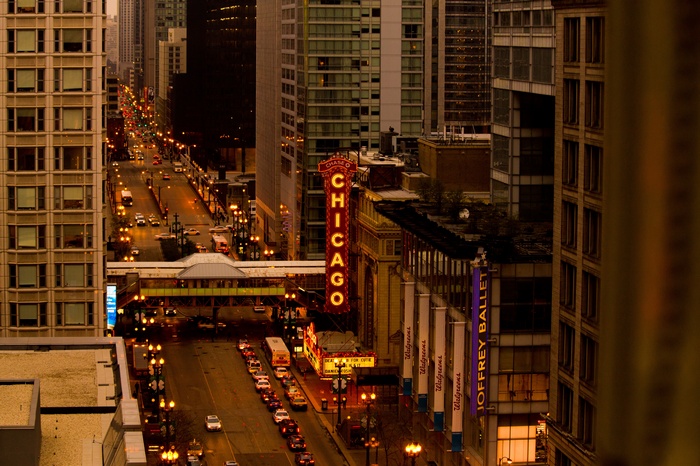 Evening Cityscape of Chicago with Illuminated Skyscrapers