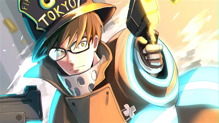 Takehisa Hinawa from Fire Force holding guns