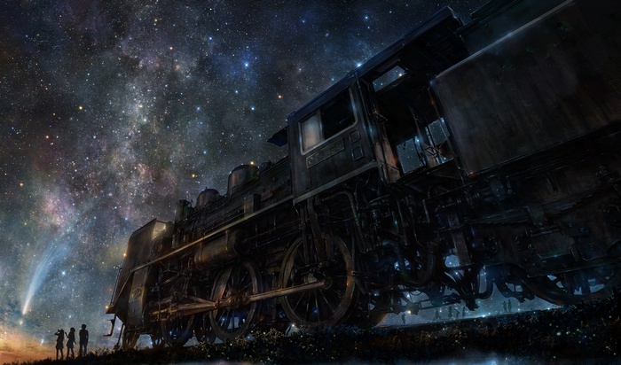 Steam train under a starry night sky with a comet