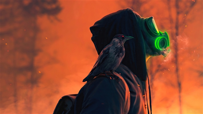 Person in Gas Mask with Raven