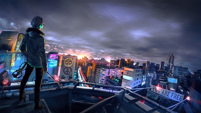 Cyberpunk Cityscape at Dusk with Neon Lights 4K