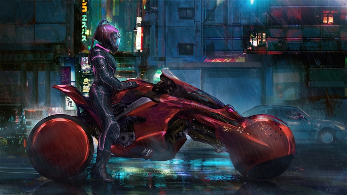 Cyberpunk Girl on Futuristic Red Motorbike 4K