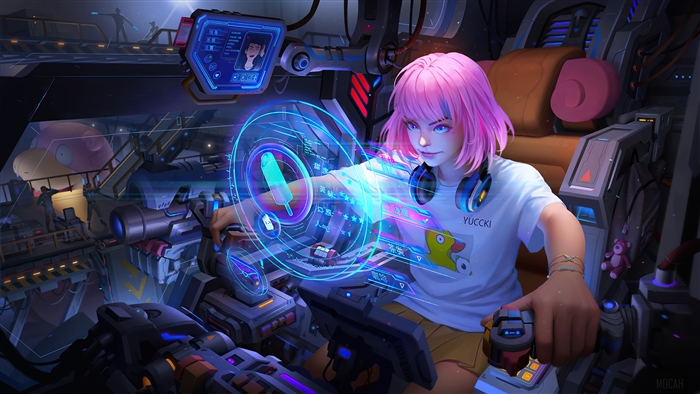 Sci-Fi Girl Pilot with Pink Hair and Headphones 4K