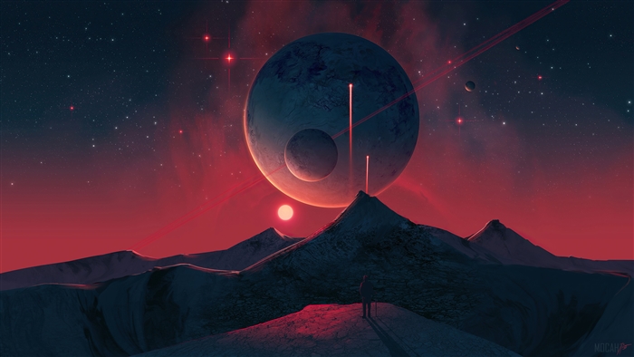 Sci-Fi Night Landscape with Planets and Red Sky 4K